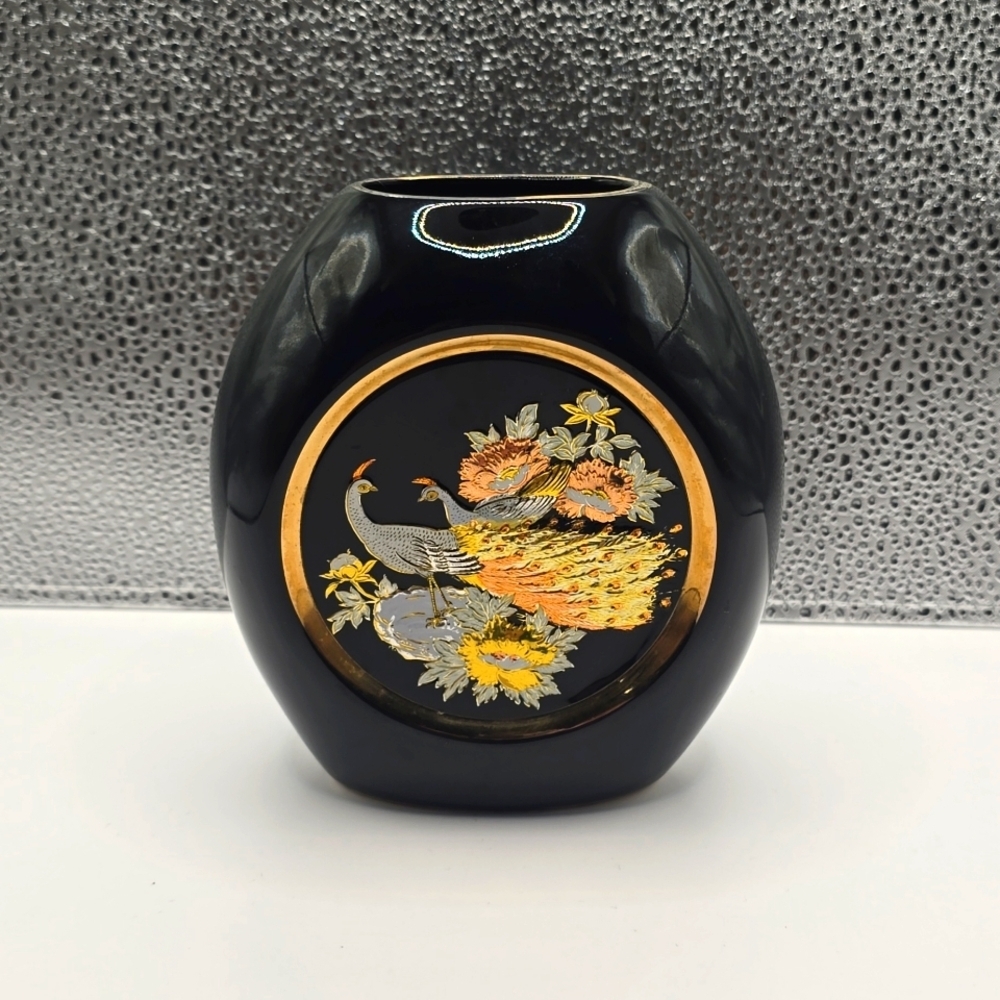 The Art Of Chokin 24k Gold Edged Black Vase With Peacock Design Made In Japan